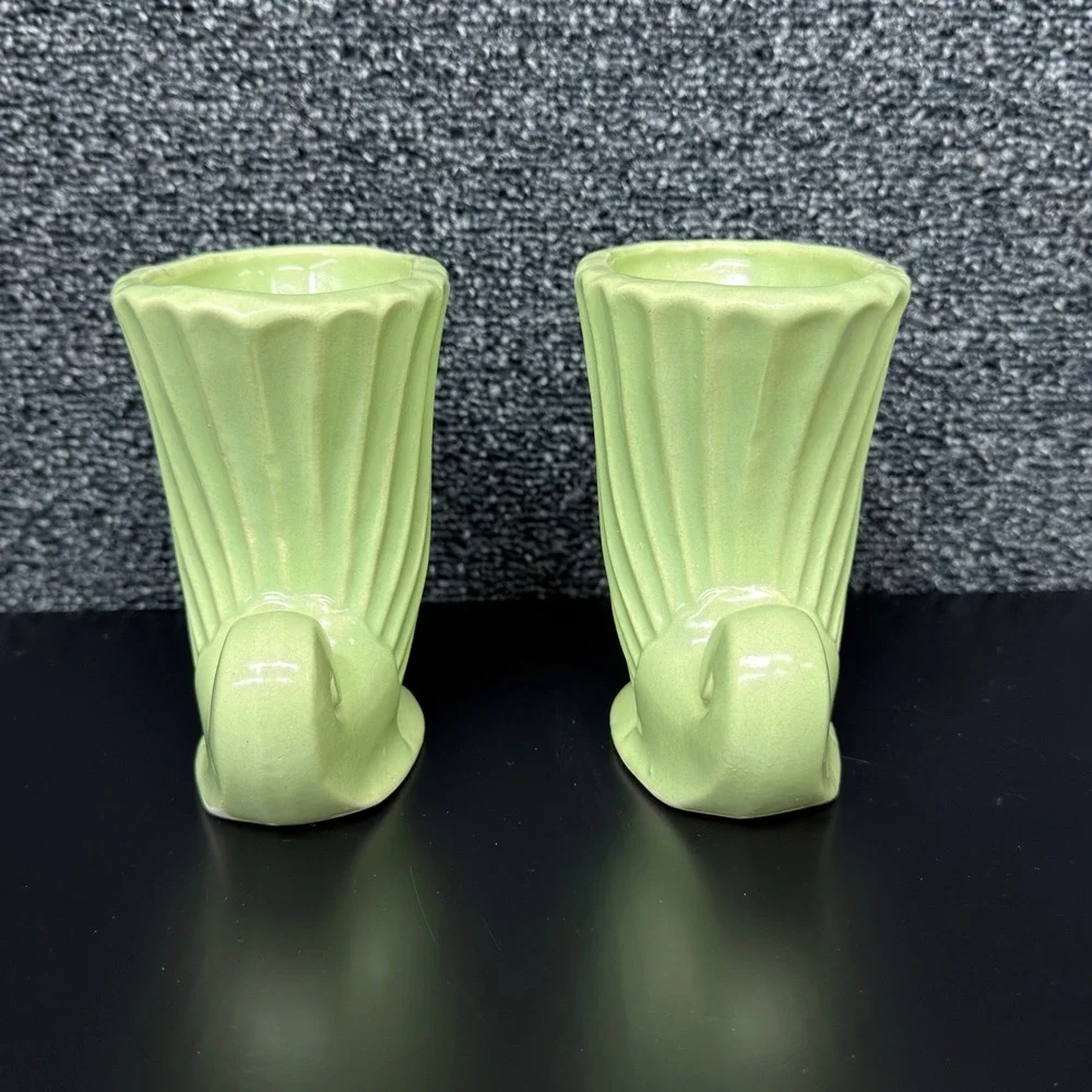 Vintage Green Ceramic Cornucopia Vase Set Mid Century Ribbed Scrolled Planter